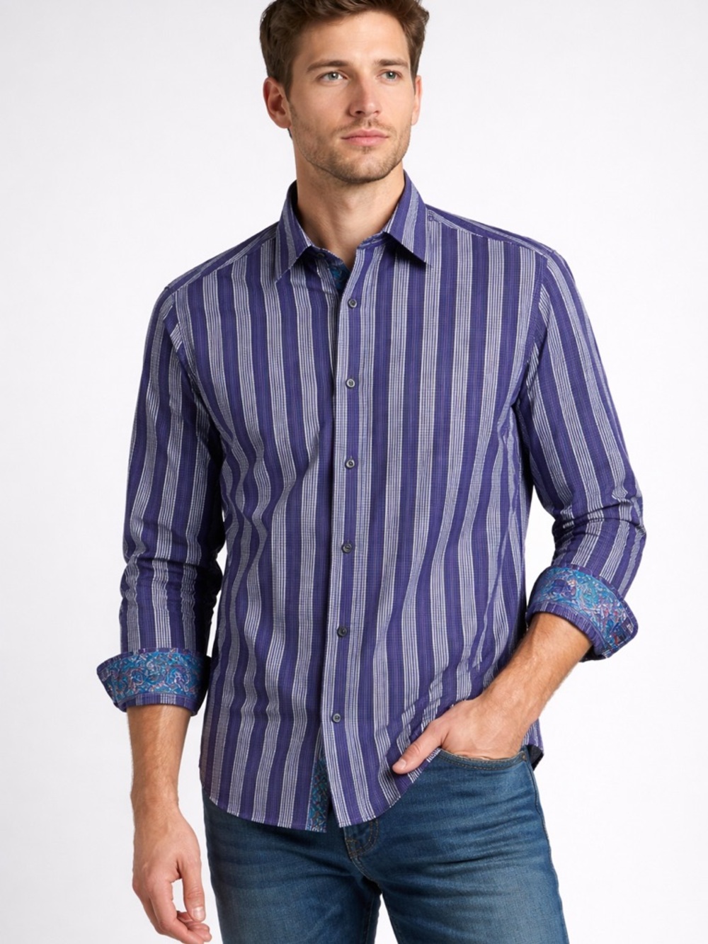 Robert Graham Purple & White Striped Check Button-Down Size Small